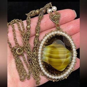 Vintage West Germany Slag Glass Filigree Necklace Signed